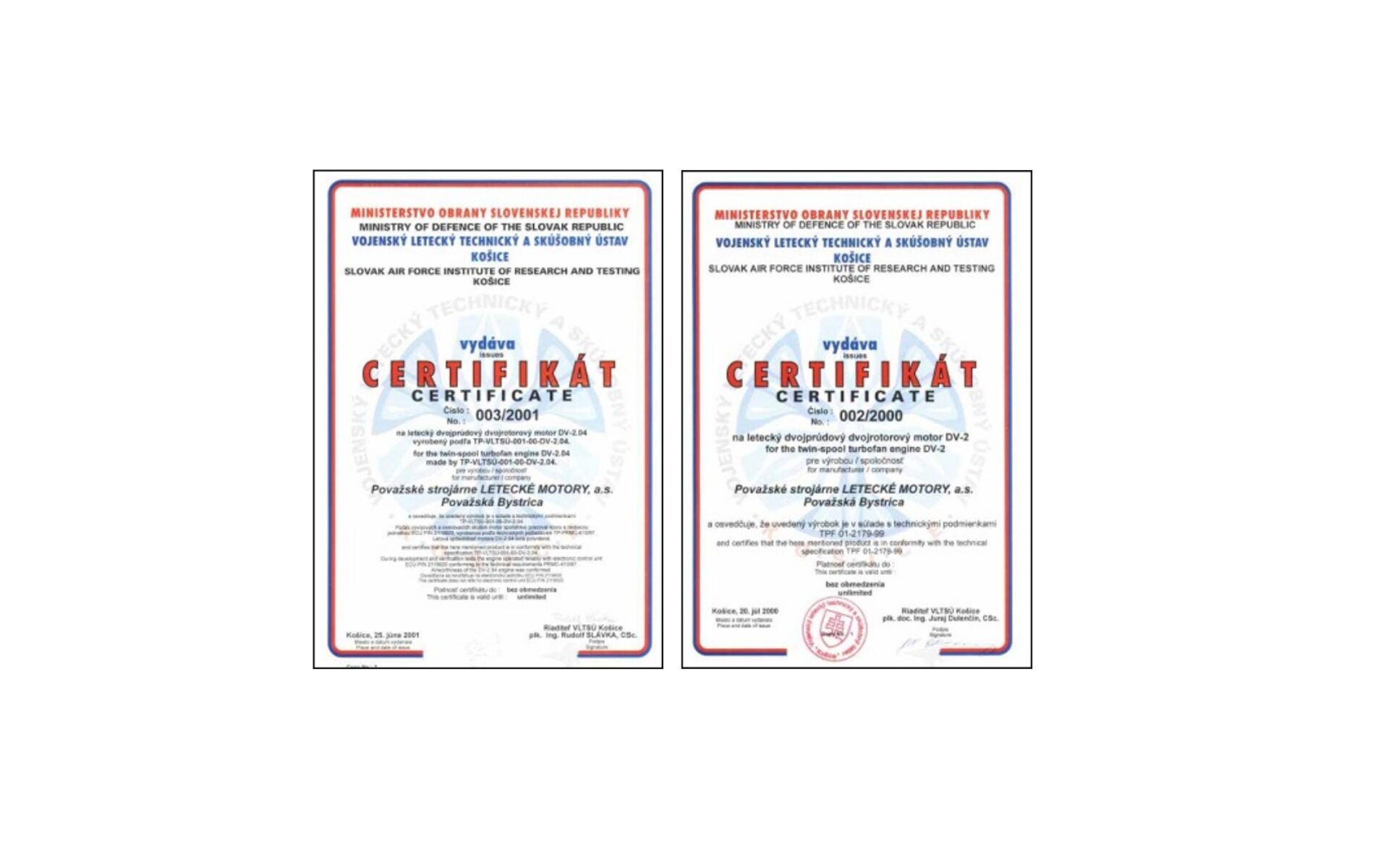 Airworthiness certificate for DV-2 engine issued by Slovak Air Force Institute of Research and Testing Košice